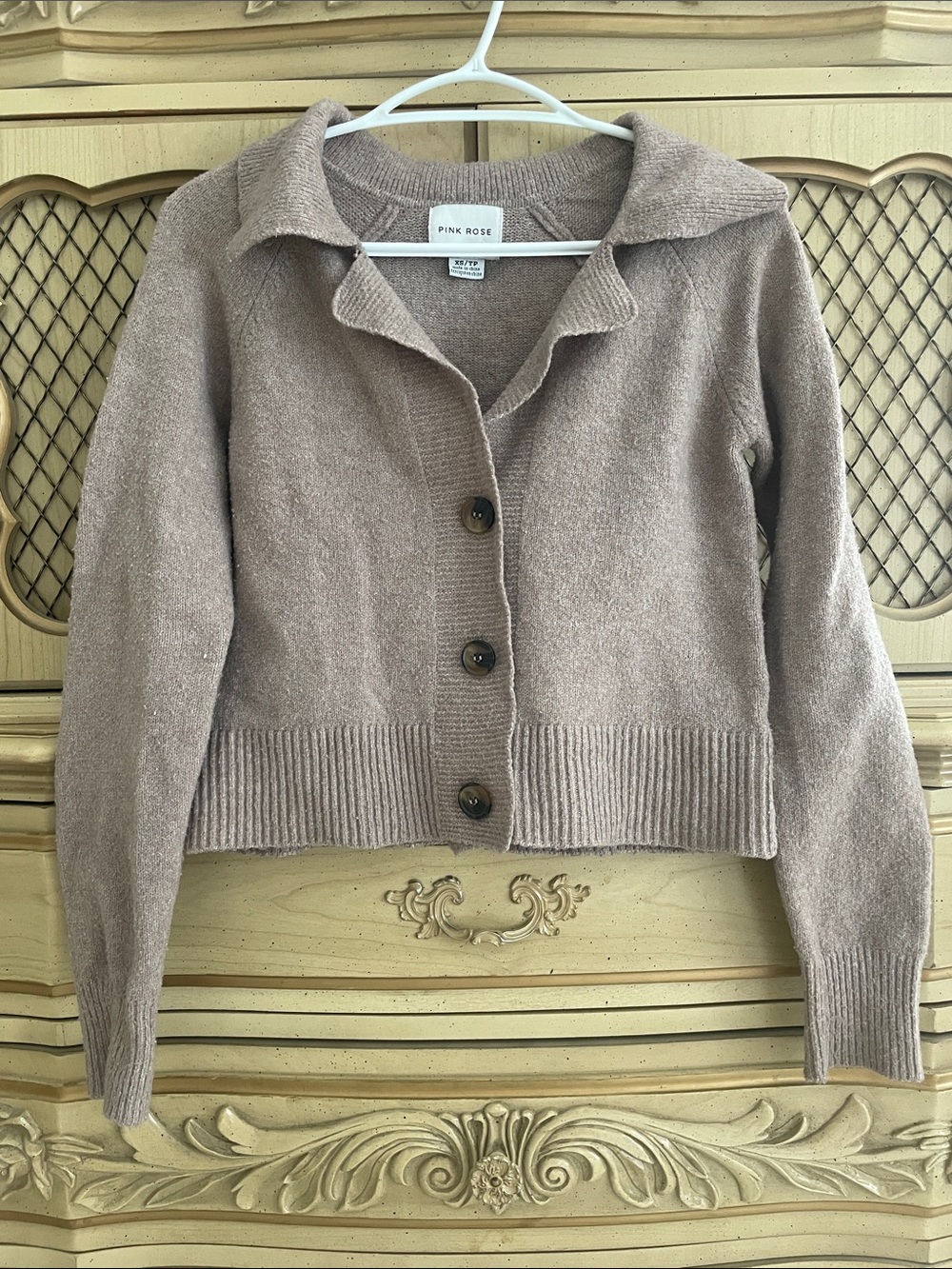 Pink Rose Taupe Button-Up Collared Cardigan Sweater